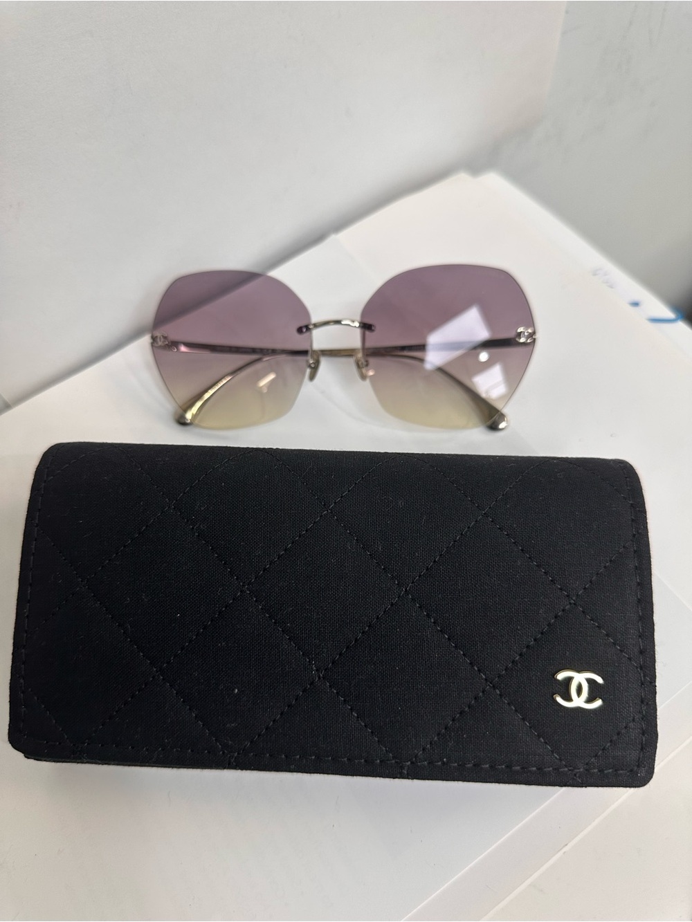 CHANEL Purple Gradient Rimless Sunglasses with Black Quilted Case